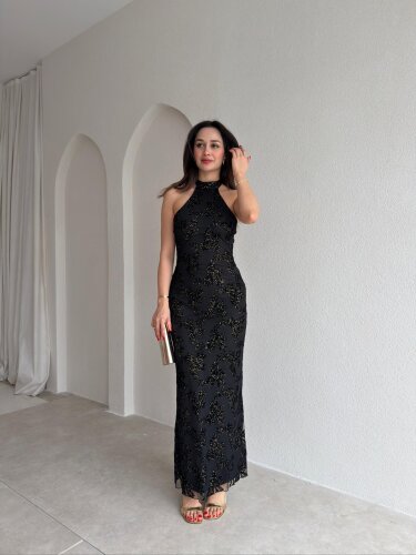 PERLA Simli Maxi Elbise 5450 - Siyah 