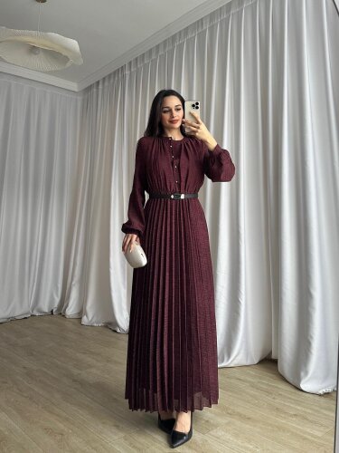PETER Kemerli Maxi Elbise 8773 - Bordo · 2