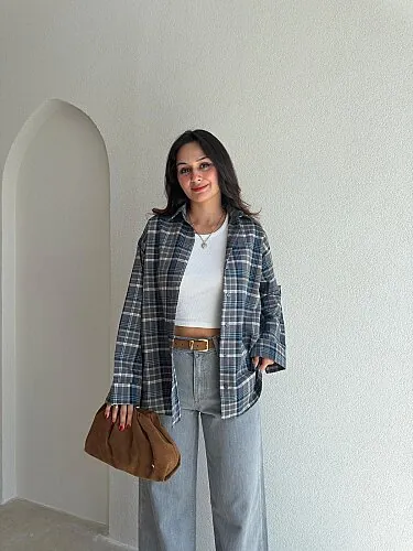 PİXELL Ekoseli Gömlek 4150 - Gri - Mooi Butik