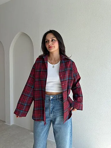 PİXELL Ekoseli Gömlek 4150 - Kırmızı - Mooi Butik