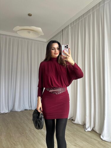 PİXİE Kemerli Mini Elbise 4725 - Bordo 