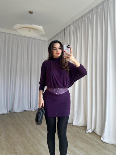 PİXİE Kemerli Mini Elbise 4725 - Mor - 1