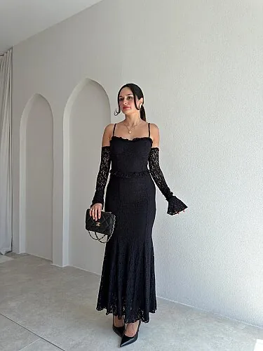 POLLUX Dantelli Midi Elbise 4112 - Siyah - Mooi Butik