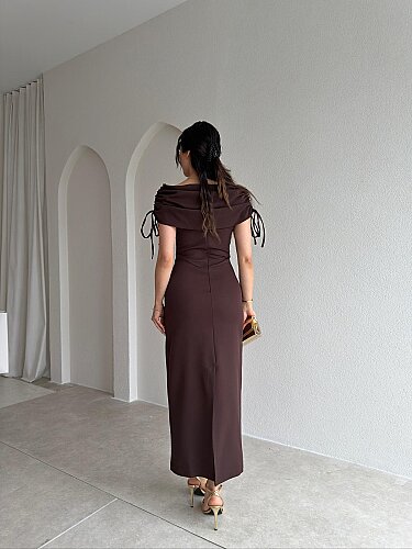 PONZA Yaka Detaylı Midi Elbise 4928 - Acı Kahve - 3