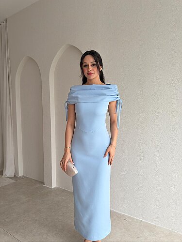  PONZA Yaka Detaylı Midi Elbise 4928 - Bebe Mavisi - 1