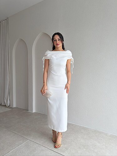  PONZA Yaka Detaylı Midi Elbise 4928 - Beyaz - Mooi Butik