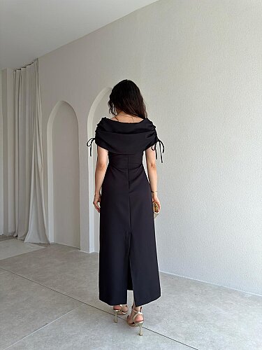 PONZA Yaka Detaylı Midi Elbise 4928 - Siyah - 3