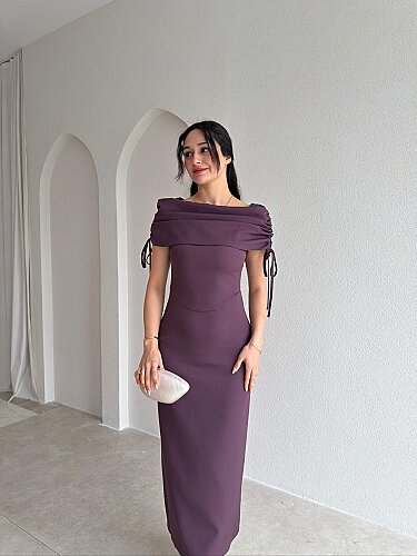 PONZA Yaka Detaylı Midi Elbise 4928 - Mürdüm - 1