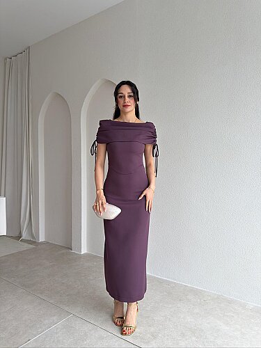 PONZA Yaka Detaylı Midi Elbise 4928 - Mürdüm - 2