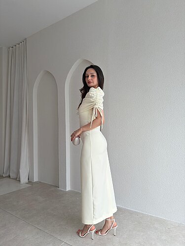 PONZA Yaka Detaylı Midi Elbise 4928 - Sarı - 3