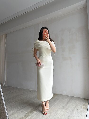 PONZA Yaka Detaylı Midi Elbise 4928 - Sarı - 4