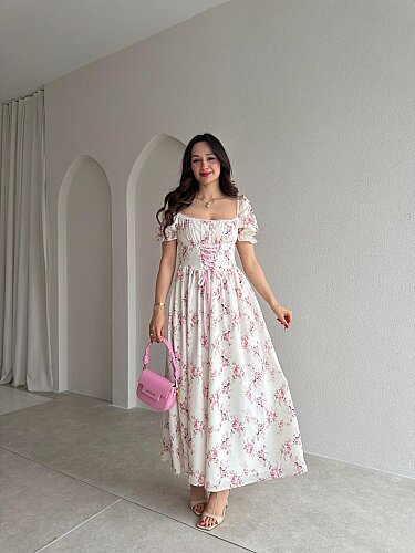PRES Çiçek Desenli Midi Elbise 5448 - Krem Rengi - Mooi Butik