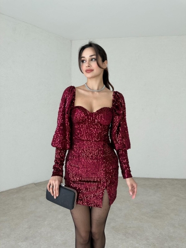 Pullu Mini KENDRİCK Elbise 2849 - Bordo - 1