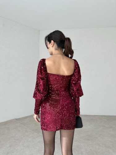 Pullu Mini KENDRİCK Elbise 2849 - Bordo - 3