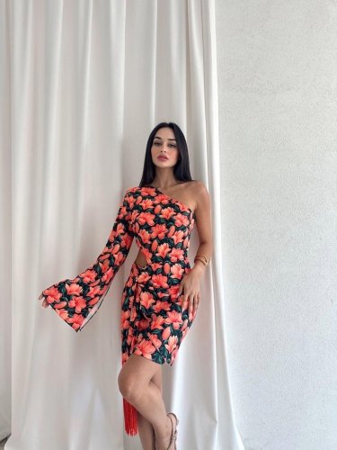 Püskül Detaylı Mini SOLEİL Elbise 4810 - Turuncu