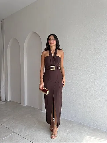  RAİSSA Kemerli Midi Elbise 4132 - Acı Kahve - Mooi Butik