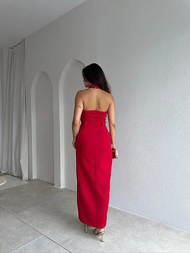 RAİSSA Kemerli Midi Elbise 4132 - Kırmızı - 3