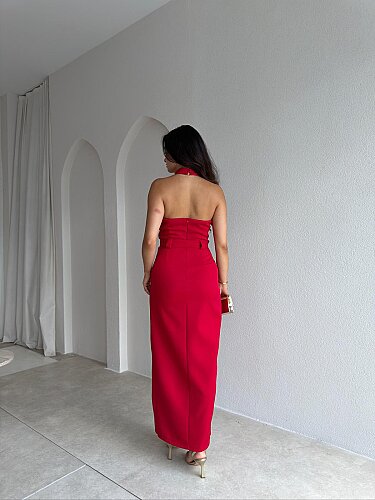 RAİSSA Kemerli Midi Elbise 4132 - Kırmızı - 3