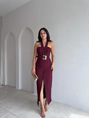RAİSSA Kemerli Midi Elbise 4132 - Mürdüm 