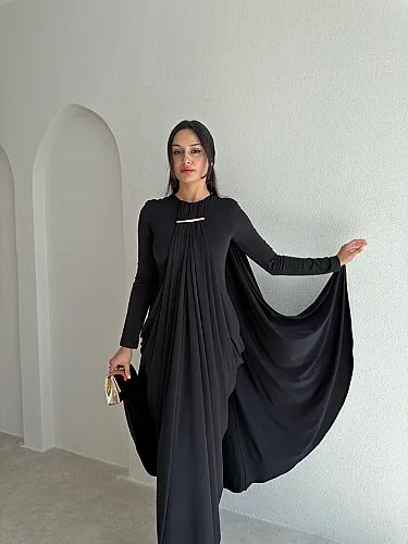 RAMONA Broş Detaylı Maxi Elbise 4185 - Siyah - 2