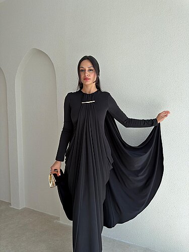 RAMONA Broş Detaylı Maxi Elbise 4185 - Siyah - 2