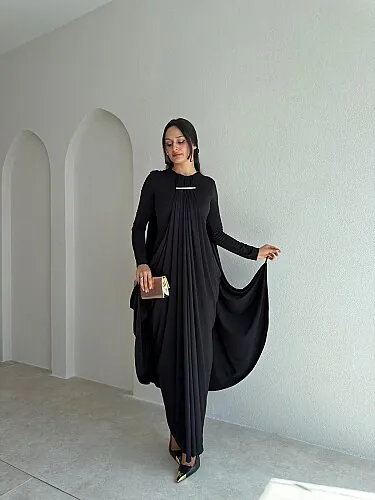 RAMONA Broş Detaylı Maxi Elbise 4185 - Siyah 
