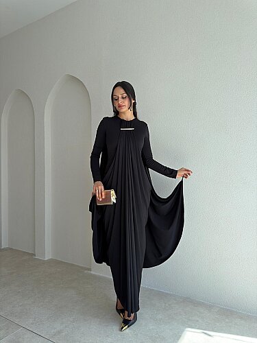 RAMONA Broş Detaylı Maxi Elbise 4185 - Siyah - 1