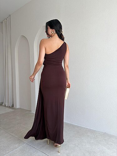 RAYA Tek Omuz Maxi Elbise 3741 - Acı Kahve - 4