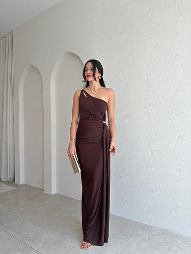 RAYA Tek Omuz Maxi Elbise 3741 - Acı Kahve - 3