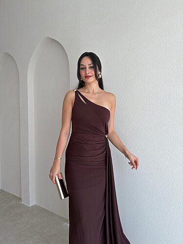 RAYA Tek Omuz Maxi Elbise 3741 - Acı Kahve - 2