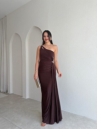 RAYA Tek Omuz Maxi Elbise 3741 - Acı Kahve 