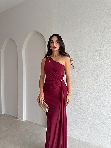 RAYA Tek Omuz Maxi Elbise 3741 - Bordo - 2