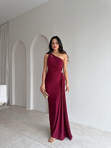 RAYA Tek Omuz Maxi Elbise 3741 - Bordo - Mooi Butik