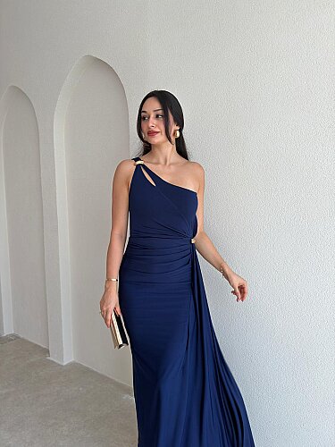 RAYA Tek Omuz Maxi Elbise 3741 - Lacivert - 2