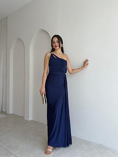 RAYA Tek Omuz Maxi Elbise 3741 - Lacivert - Mooi Butik