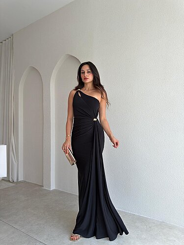 RAYA Tek Omuz Maxi Elbise 3741 - Siyah - Mooi Butik