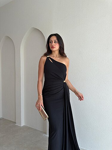 RAYA Tek Omuz Maxi Elbise 3741 - Siyah - 2