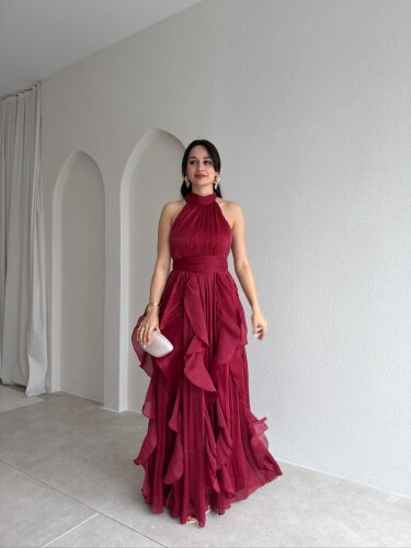 REBECA Halter Yaka Maxi Elbise 3772 - Bordo - 1