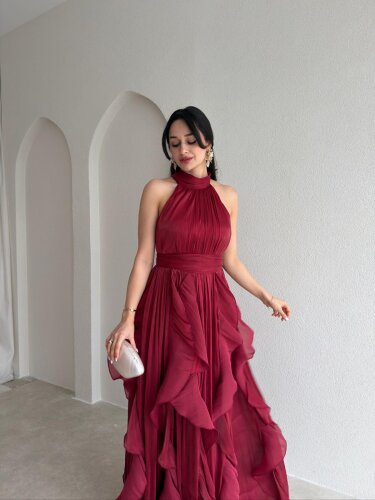 REBECA Halter Yaka Maxi Elbise 3772 - Bordo - 2