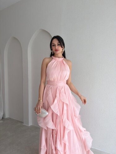 REBECA Halter Yaka Maxi Elbise 3772 - Pudra - 2