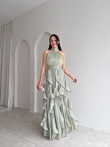 REBECA Halter Yaka Maxi Elbise 3772 - Yağ Yeşili 