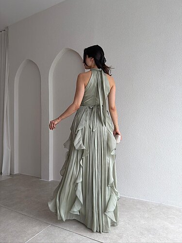 REBECA Halter Yaka Maxi Elbise 3772 - Yağ Yeşili - 3
