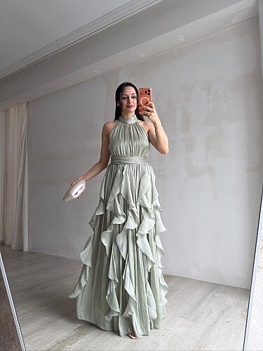 REBECA Halter Yaka Maxi Elbise 3772 - Yağ Yeşili - 4