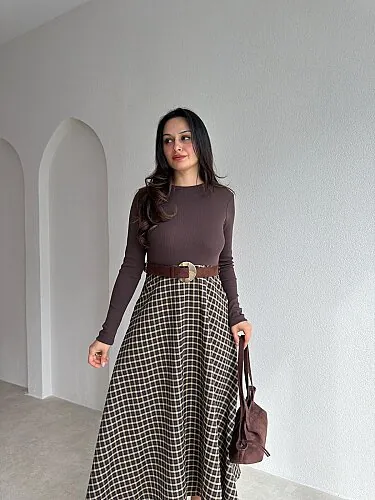 RİPPA Ekose Detaylı Midi Elbise 4394 - Acı Kahve - 2
