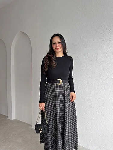 RİPPA Ekose Detaylı Midi Elbise 4394 - Siyah - 2