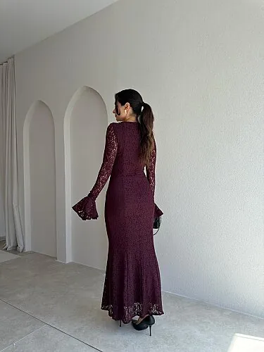 ROMEO Dantelli Midi Elbise 4113 - Bordo - 3