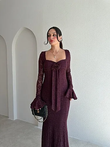 ROMEO Dantelli Midi Elbise 4113 - Bordo - 2