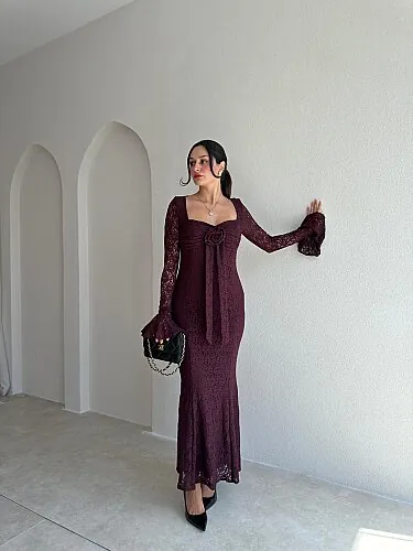 ROMEO Dantelli Midi Elbise 4113 - Bordo - Mooi Butik