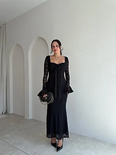 ROMEO Dantelli Midi Elbise 4113 - Siyah - Mooi Butik