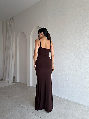 ROYCE Drapeli Maxi Elbise 4059 - Acı Kahve - 3